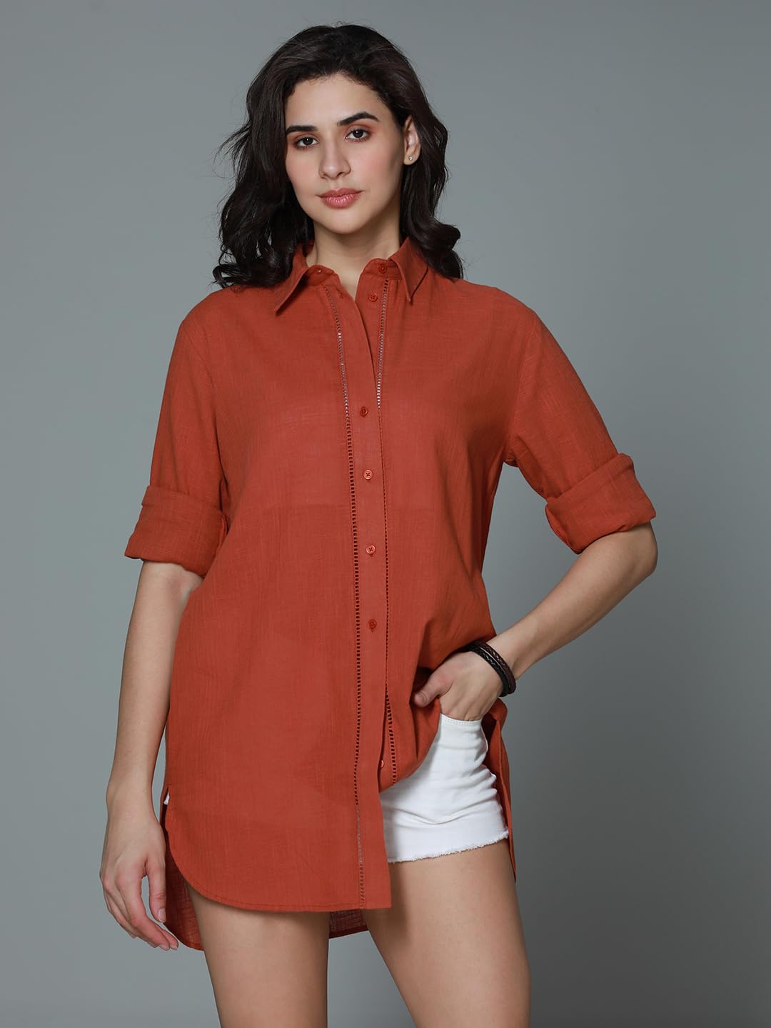 High Star WomenS Solid Oversized Fit Shirt (Hswshs2405_Rust