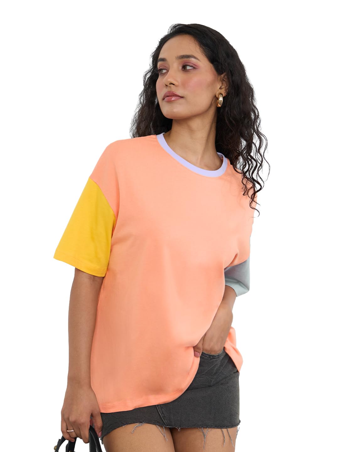 The Souled Store|Solids: Yellow, Pink & Grey Colourblock Women and Girls T-Shirts|Half|Loose fit Solid| 100% Cotton Multicolored