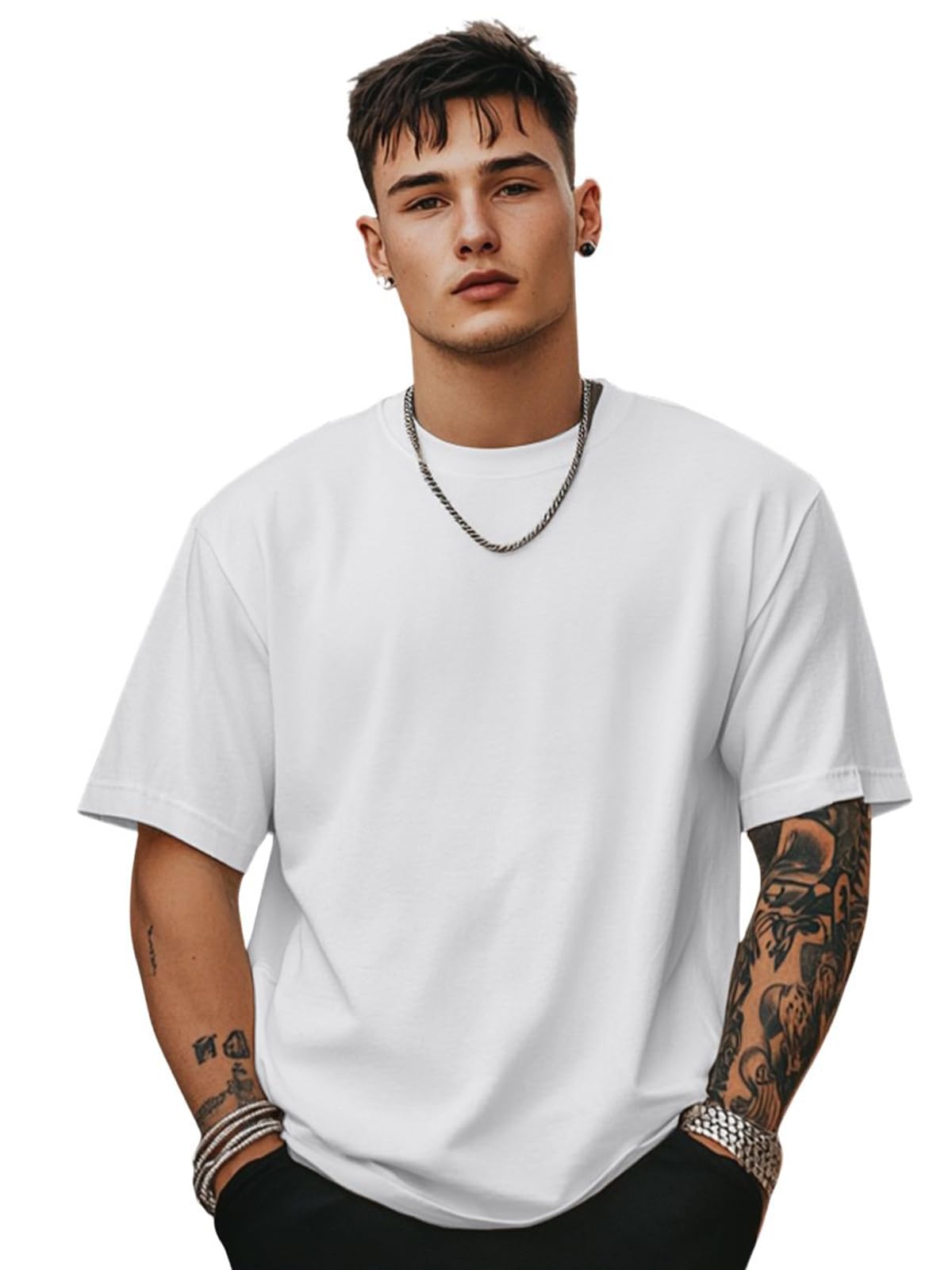 Veirdowhite Oversized Baggy Fit Drop Shoulder Short Sleeve Round Neck Solid Cotton T-Shirt