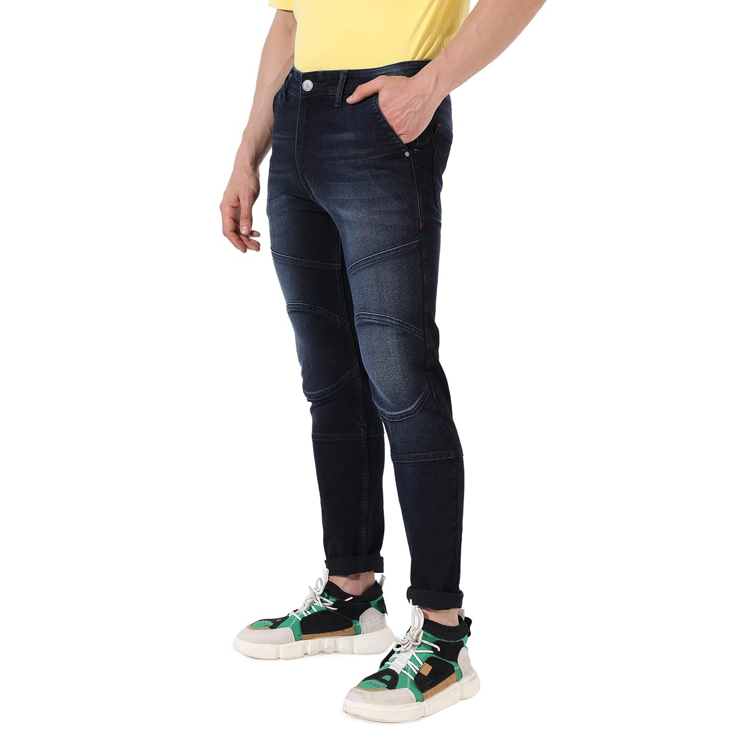 Campus Sutra Mens Classic Blue Textured Patterned Dark-Washed Regular Fit Denim Jeans | Premium Mid-Rise Cotton Stretchable Cra