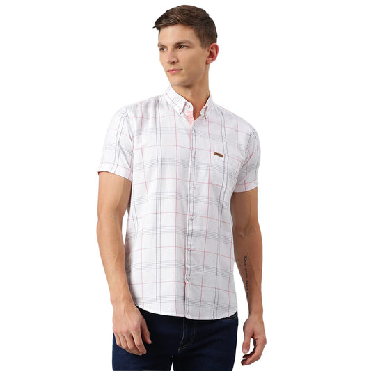 Thomas Scott Mens Checkered Slim Fit 100% Cotton Casual Shirt with Button Down Collar and Half Sleeve White