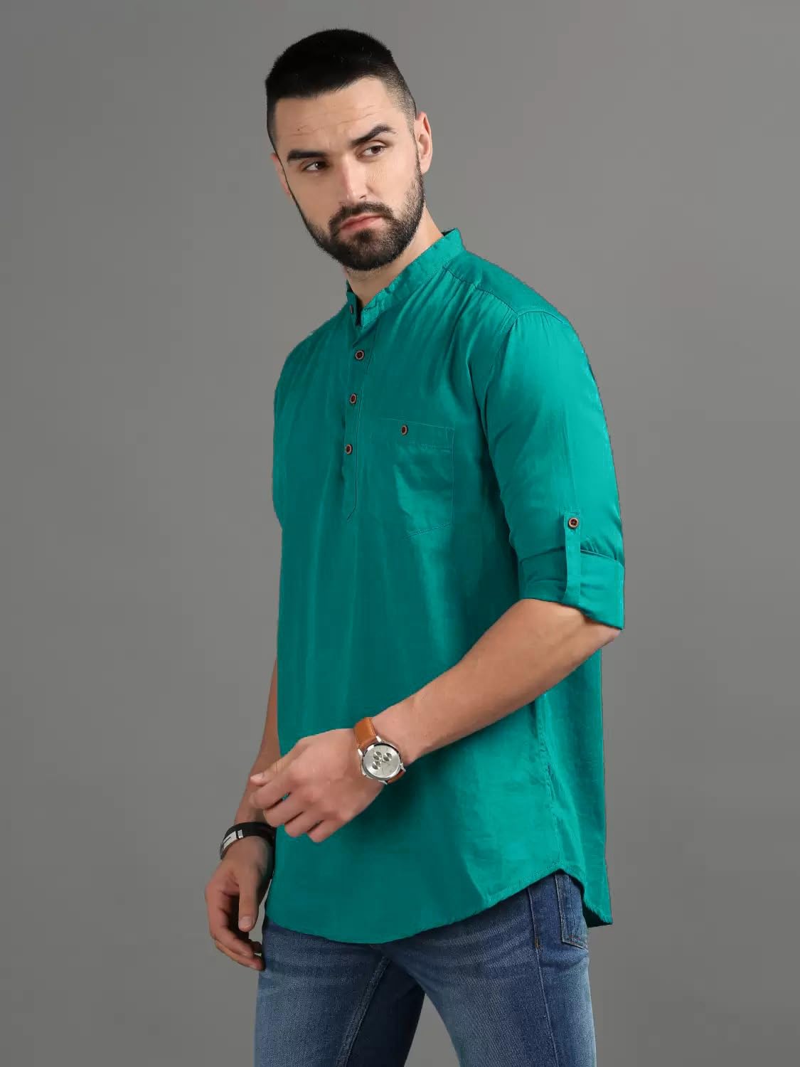 Deemoon MenS Regular Fit Solid Spread Collar Casual Shirt With A Trendy Mandarin Collar Crafted From A Premium Cotton Blend Ram