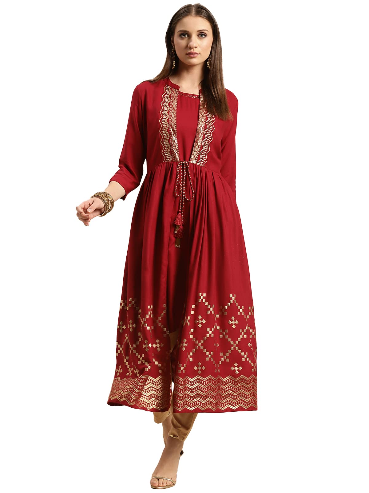 rangita Maroon Rayon Calf Length Printed Double Layered Kurti for Women | Kurta for Women