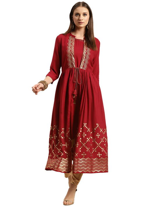 rangita Maroon Rayon Calf Length Printed Double Layered Kurti for Women | Kurta for Women