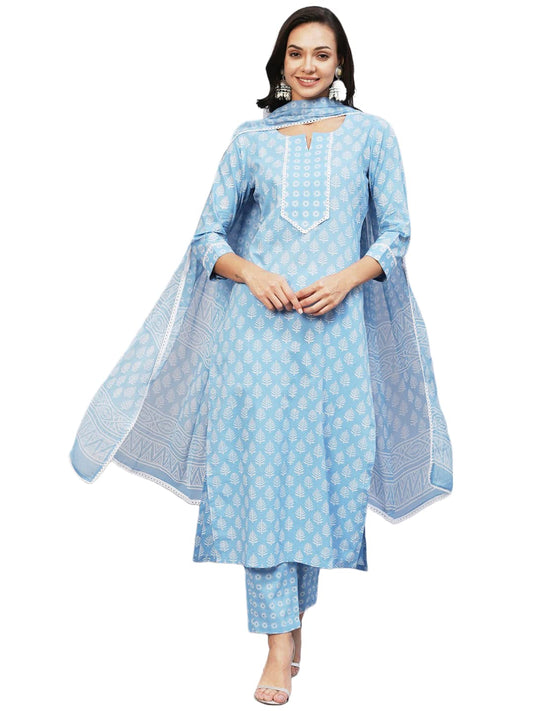 GoSriKi Women's Cotton Blend Straight Printed Kurta with Pant & Dupatta (Dooti Blue-GS)