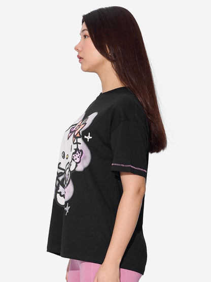 The Souled Store Official Hello Kitty: Rockstar Women and Girls Short Sleeves Round Neck Black Graphic Printed Cotton Oversized