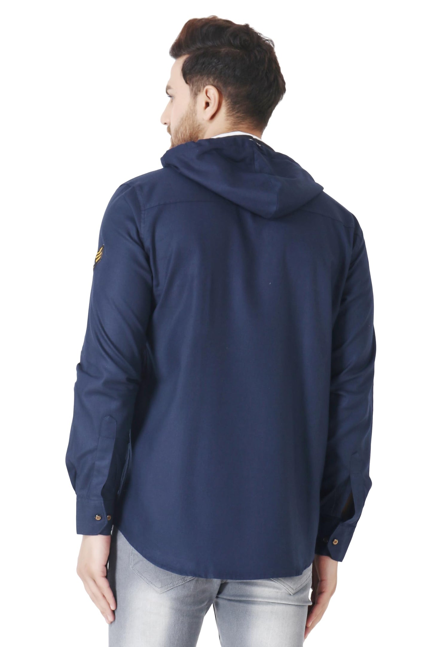 Besix MenS Blue Tailored Fit Cotton Blend Shirt For Man With Hoodie - Casual Long Sleeve Shirt With Pockets - Patch Detail For