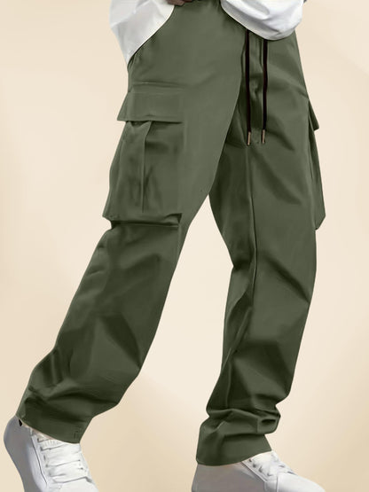 Indoprimo MenS Cotton Trousers Cargo Style With Drawstring Both Side Pockets Solid Pattern Regular Fit And Long Length Green