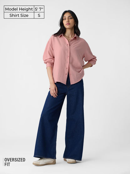 The Souled Store Textured Shirt: Rose Pink Women and Girls Long Sleeves Collared Neck Button Front Viscose Blend Boyfriend Shirt