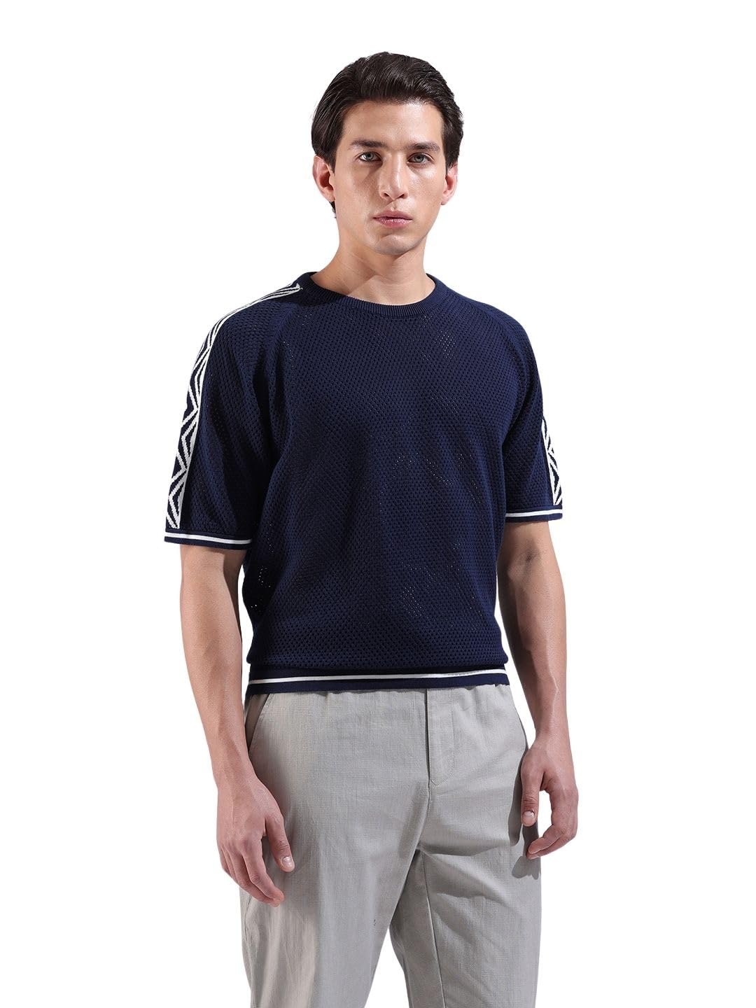 The Indian Garage Co Mens Oversized Solid Flatknit Half Sleeves Crew Neck Sweater