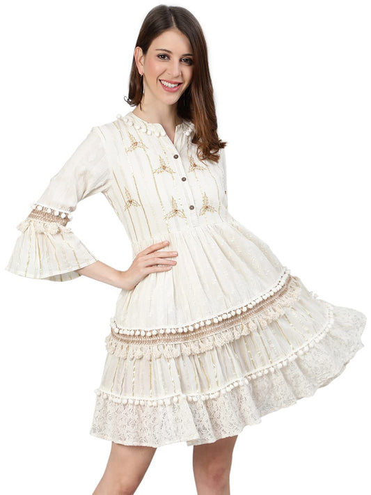 Ishin WomenS Off White Pure Cotton Zari Embroidered A-Line Dress
