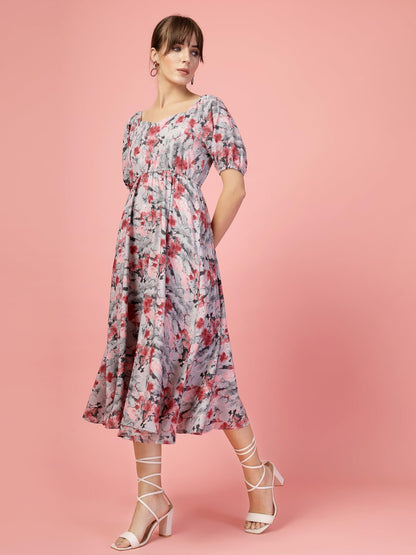 Oomph! Flared Dress For Women Stylish | Long One Piece For Women | Puff Sleeve Long Dress | Floral Print Maxi One Piece | Wester
