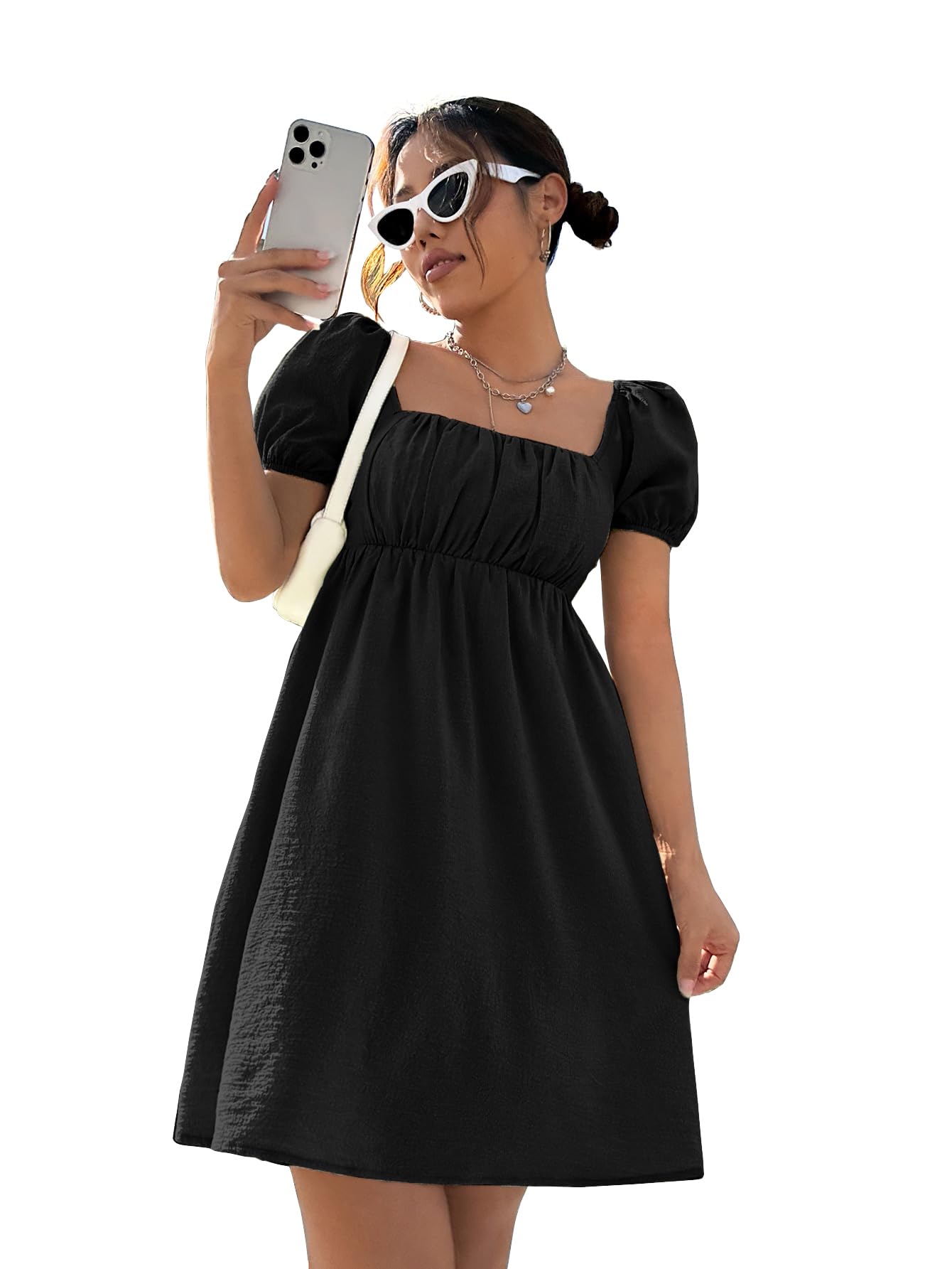 Shasmi WomenS & GirlS Dress For Women L One Piece Dress For Women L Beach Dress For Women, Solid Textured Puff Sleeve Square N