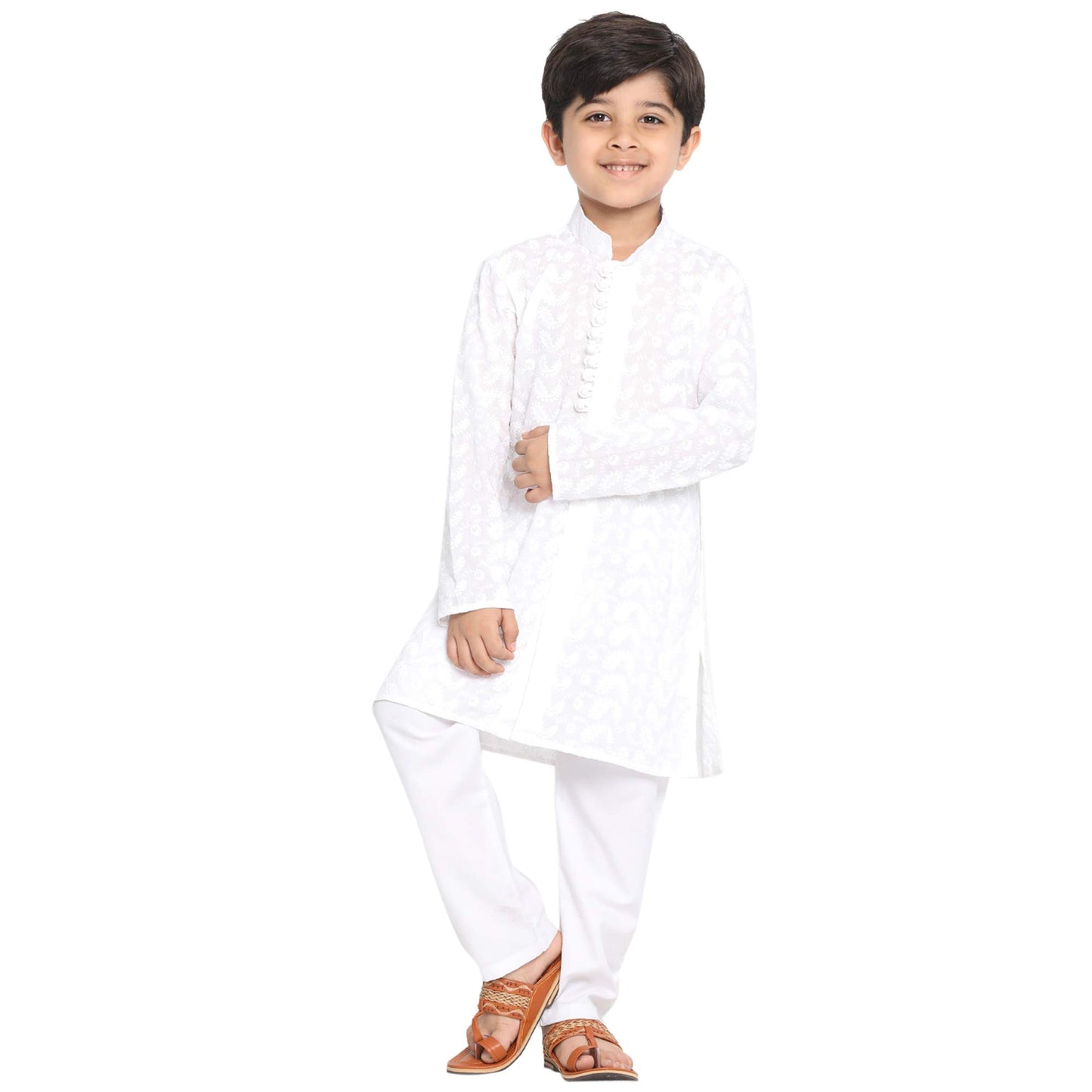 Vastramay Boys Cotton Kurta Pyjama Set With Lucknowi Chikankari Embroidery, Full Sleeves & Mandarin Collar  Perfect For Festive