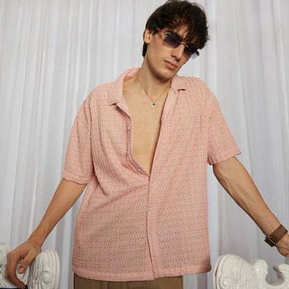 Campus Sutra Mens Blush Pink Hollow Knit Oversized Shirt for Casual Wear | Cuban Collar | Short Sleeve | Button Closure | Overs