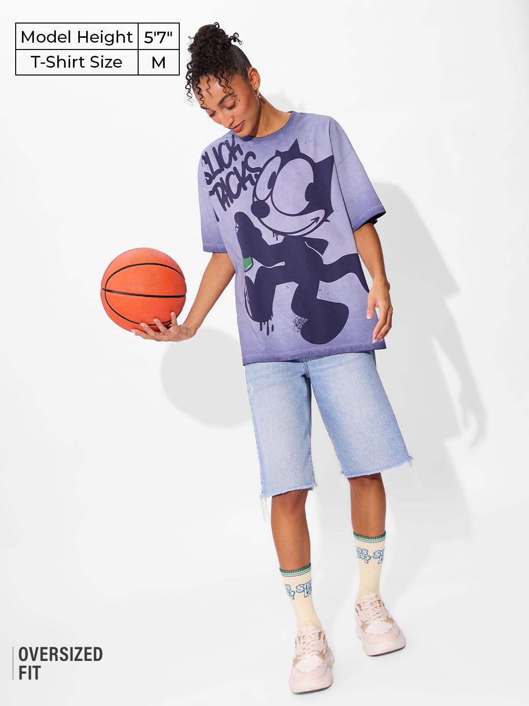 The Souled Store Felix The Cat: Slick Tricks Women and Girls Short Sleeeves Round Neck Purple Graphic Printed Cotton Oversized T