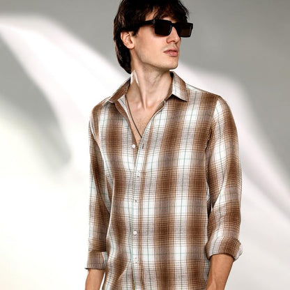 Campus Sutra Mens Chocolate Brown & Cream White Ombre Buffalo Check Shirt | Casual Wear | Spread Collar | Long Sleeve | Button