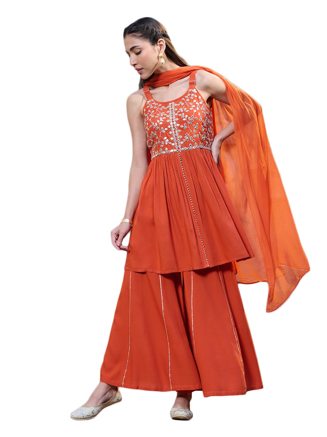 Stylum Womens Solid & Embrpodered Rayon Short Kurti Sharara Dupatta Set