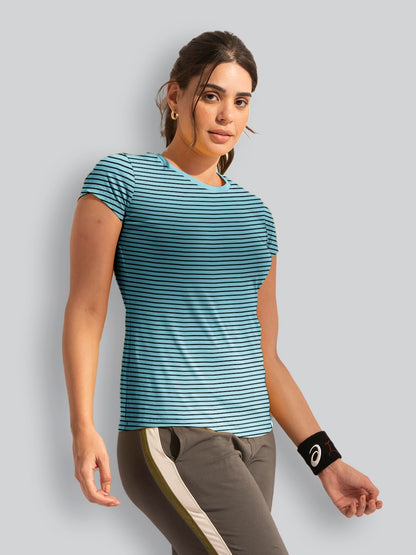 Lyra WomenS Printed Striper Round Neck Regular Fit Cotton T-Shirt