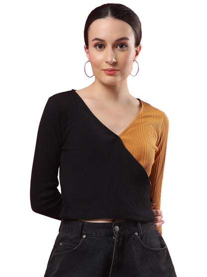 Rigo Casual Wear V Neck Rib Knit Top for Women | Slim Fit Long Sleeves Western Tops for Women