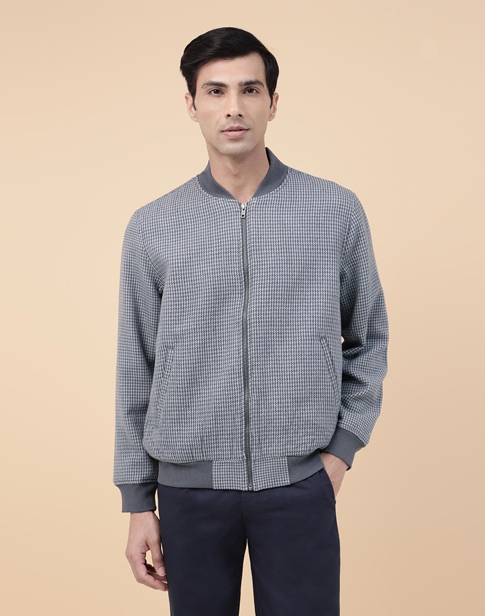 Fabindia Men's Blue Wool Printed Bomber Jacket (2116819BLUE