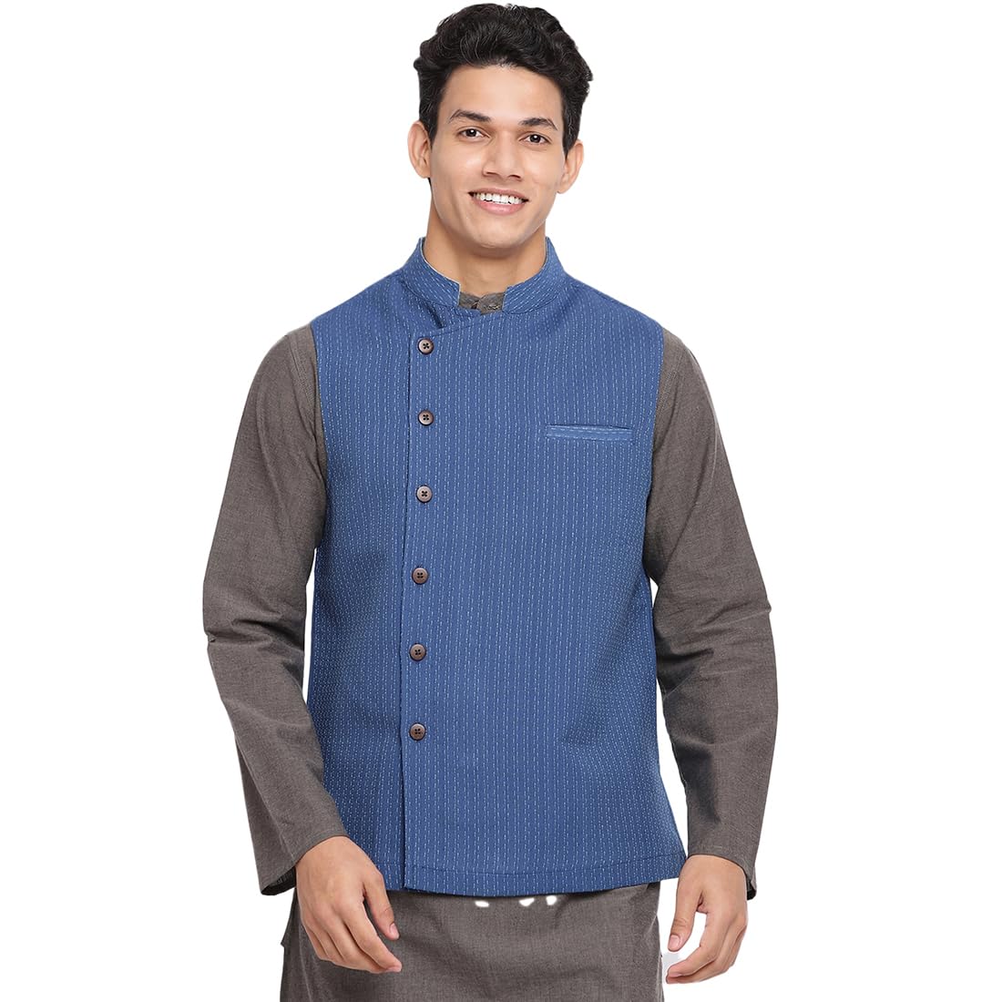 Fabindia MenS Blue Cotton Woven Nehru Jacket (102407801