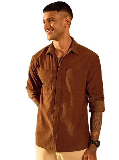 Bewakoof MenS Solid Regular Fit Full Sleeve Collared Corduroy Shirt_685455_Orange_L