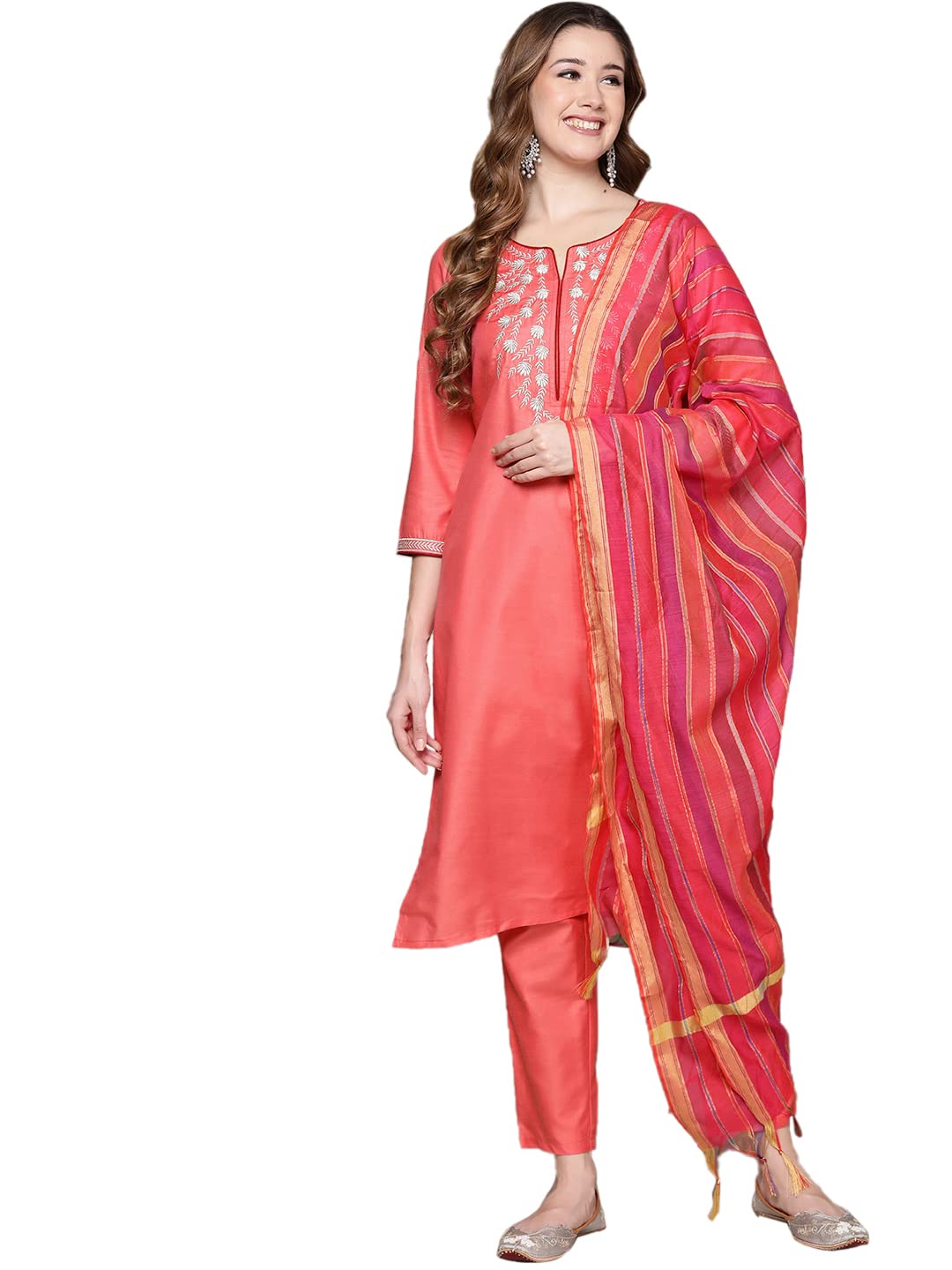 anubhutee Women's Pink Zari Embroidered Straight Kurta With Pants and Dupatta