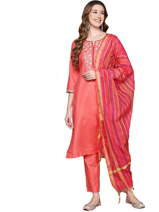 anubhutee Women's Pink Zari Embroidered Straight Kurta With Pants and Dupatta