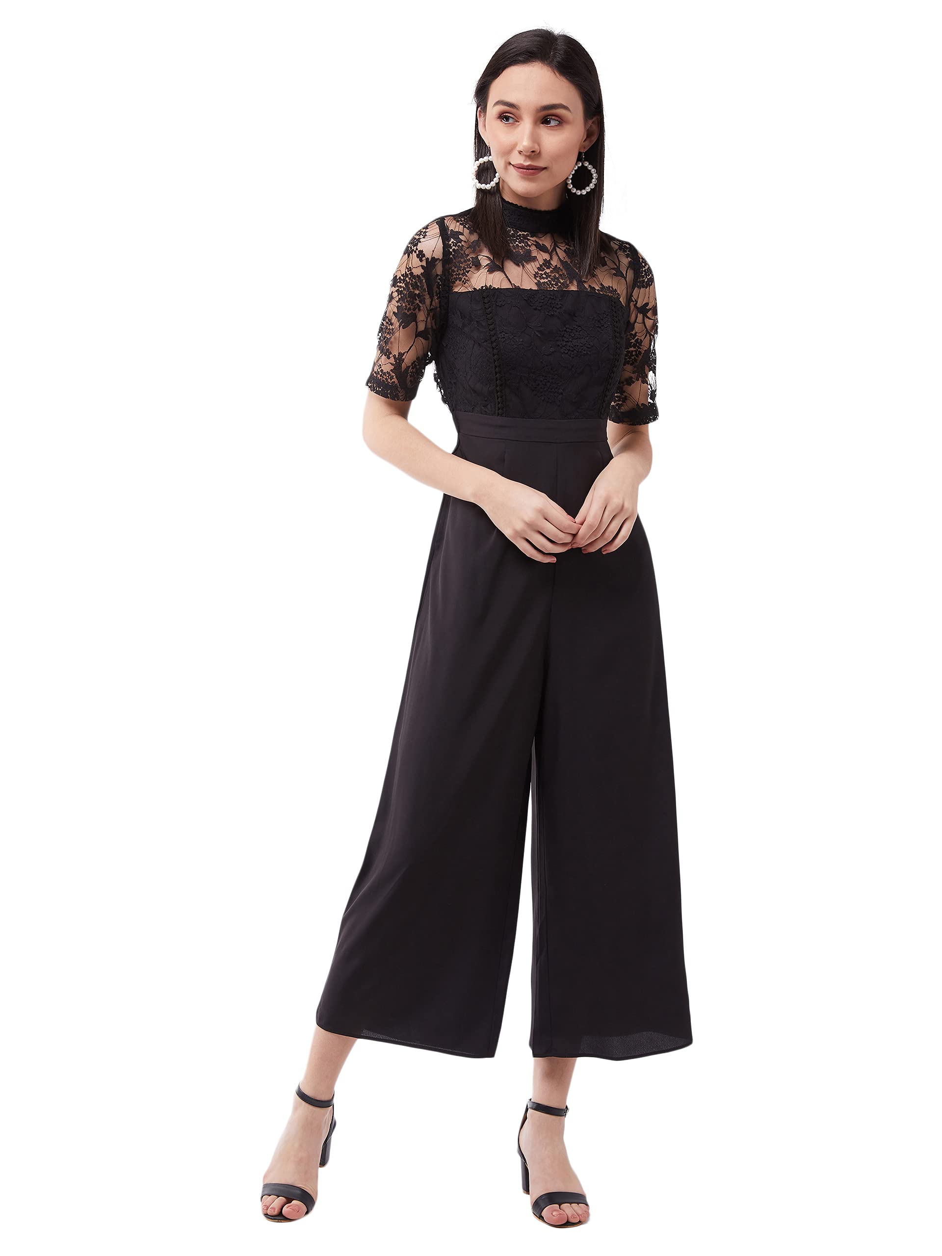 Miss Chase Womens Black Floral Printed Crepe Regular Fit Polo Neck Short Sleeve Regular Length Jumpsuit (MCSS25D93-84-380-02, J