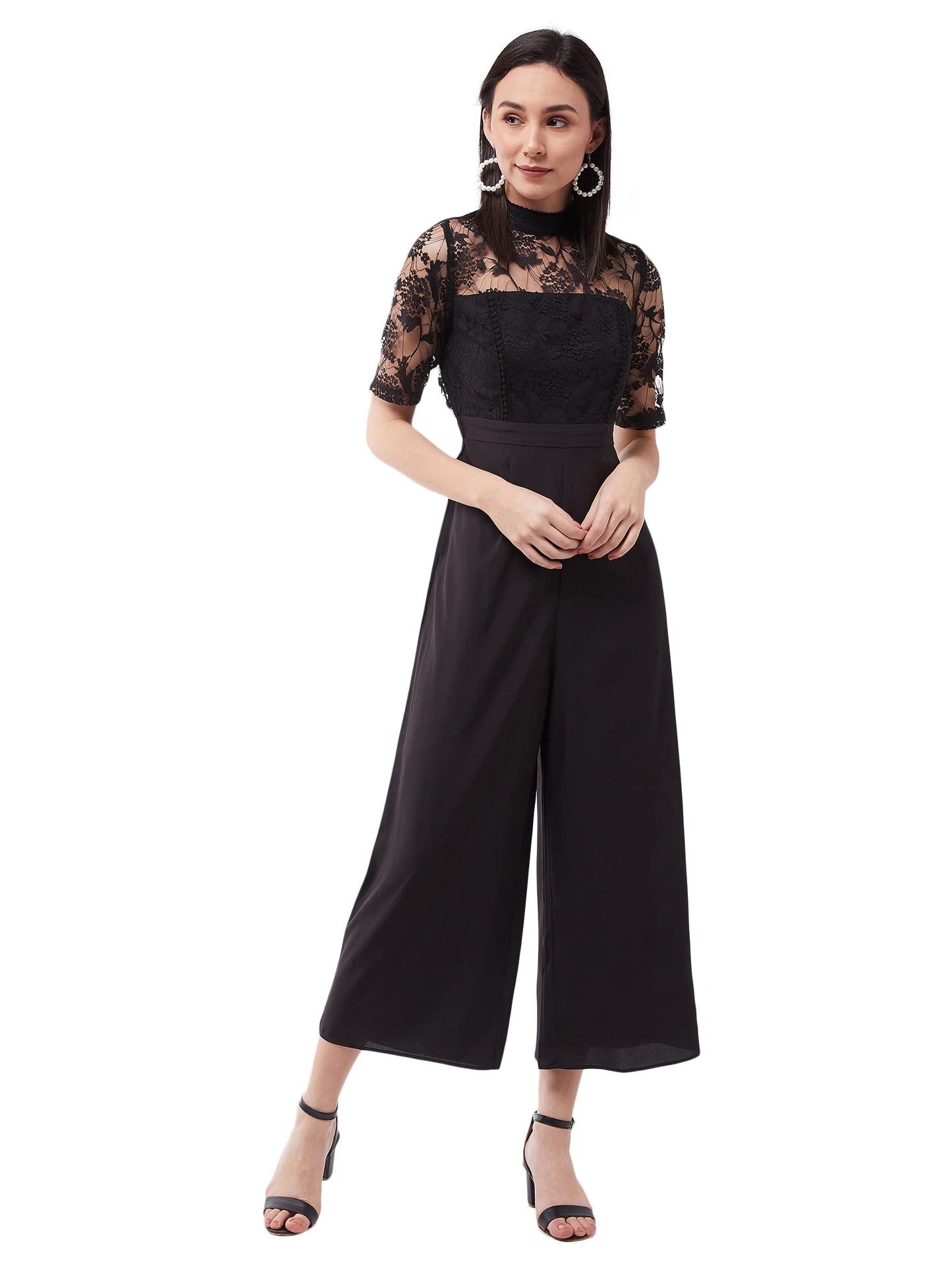 Miss Chase Womens Floral Printed Polo Neck Short Sleeve Regular Length Jumpsuit (MCSS24D97-43-62-02, Black, XS)
