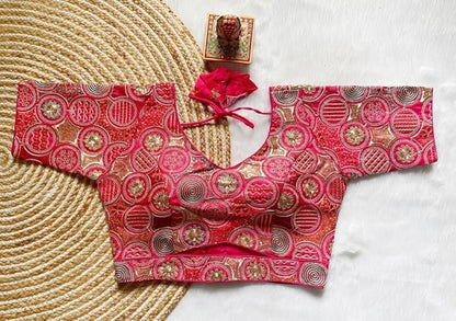 Pujia Mills Womens Blouse Readymade Blouse Embroidery Multi Coding Gold Thread Blouses Handwork Pink Color Readymade Saree Blou