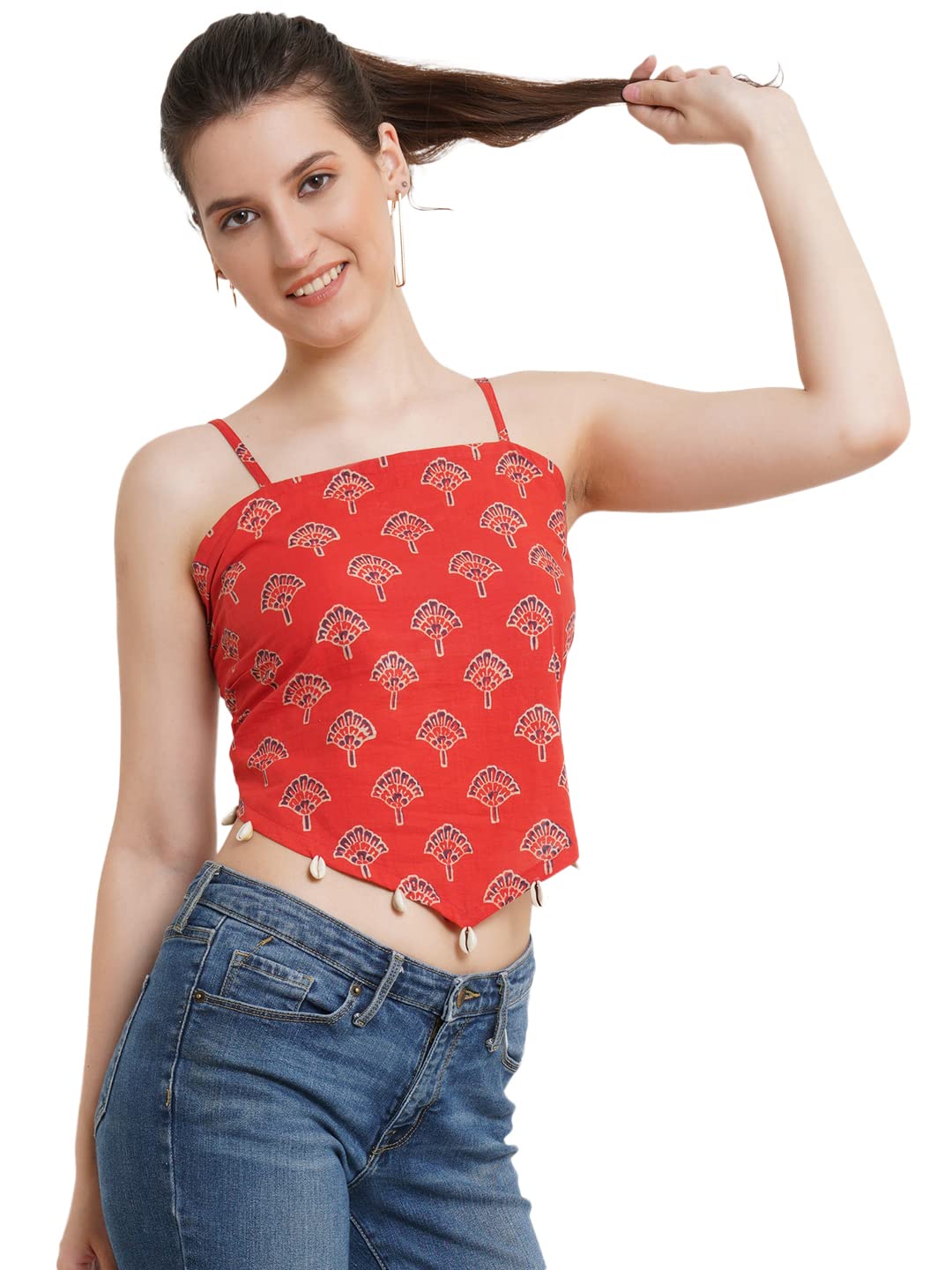POPWINGS Casual Hankie Cotton Sustainable Bagru Print Crop Top for Women || Square Neck Crop Top for Women || Sleeveless Crop To