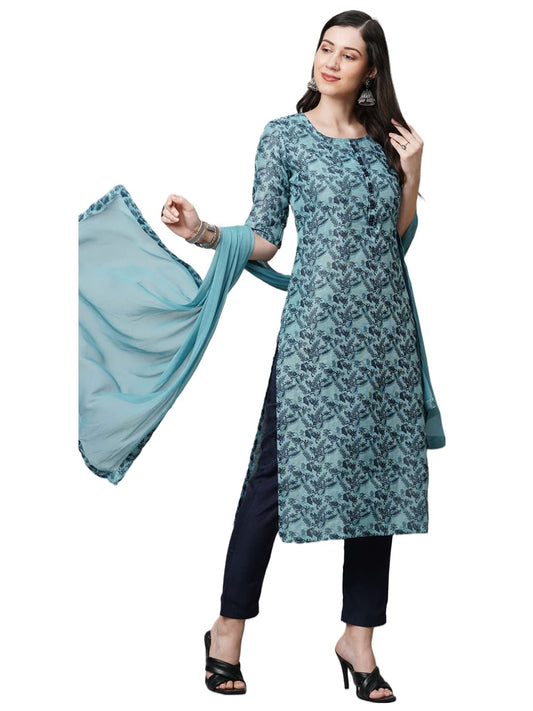 GoSriKi Women's Silk Blend Kurta with Pant & Dupatta