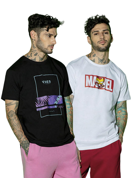 Bewakoof X Official Marvel Merchandise Mens Graphic Printed 100% Cotton T-Shirts (Pack of 2) - Regular Fit, Round Neck, Half Sl