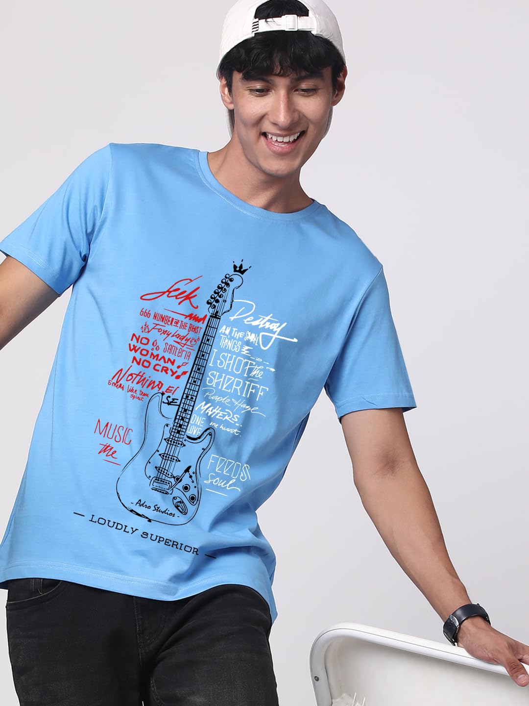 ADRO Guitar Design Printed T-Shirt for Men - 100% Cotton, Regular Fit, Soft Breathable Fabric. (RN23-M-GTR-SK_SkyBlue)