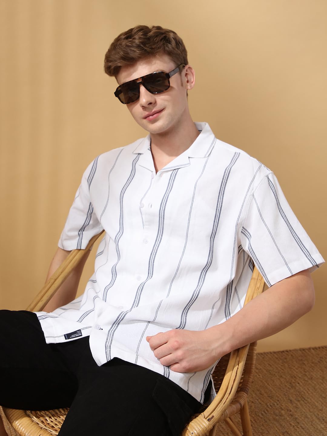 Dennis Lingo Men White Stripes Half Sleeves Relaxed Fit Shirts