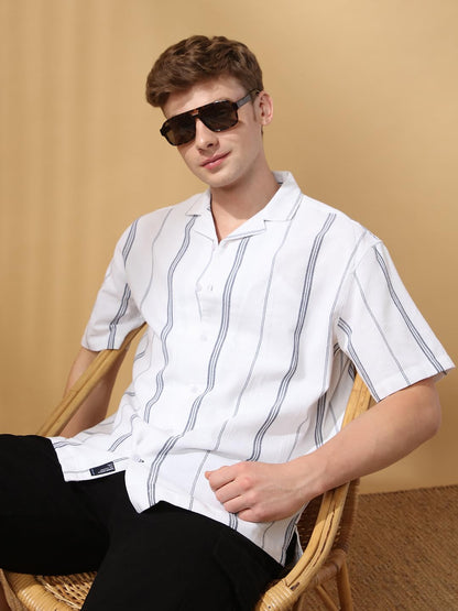 Dennis Lingo Men White Stripes Half Sleeves Relaxed Fit Shirts