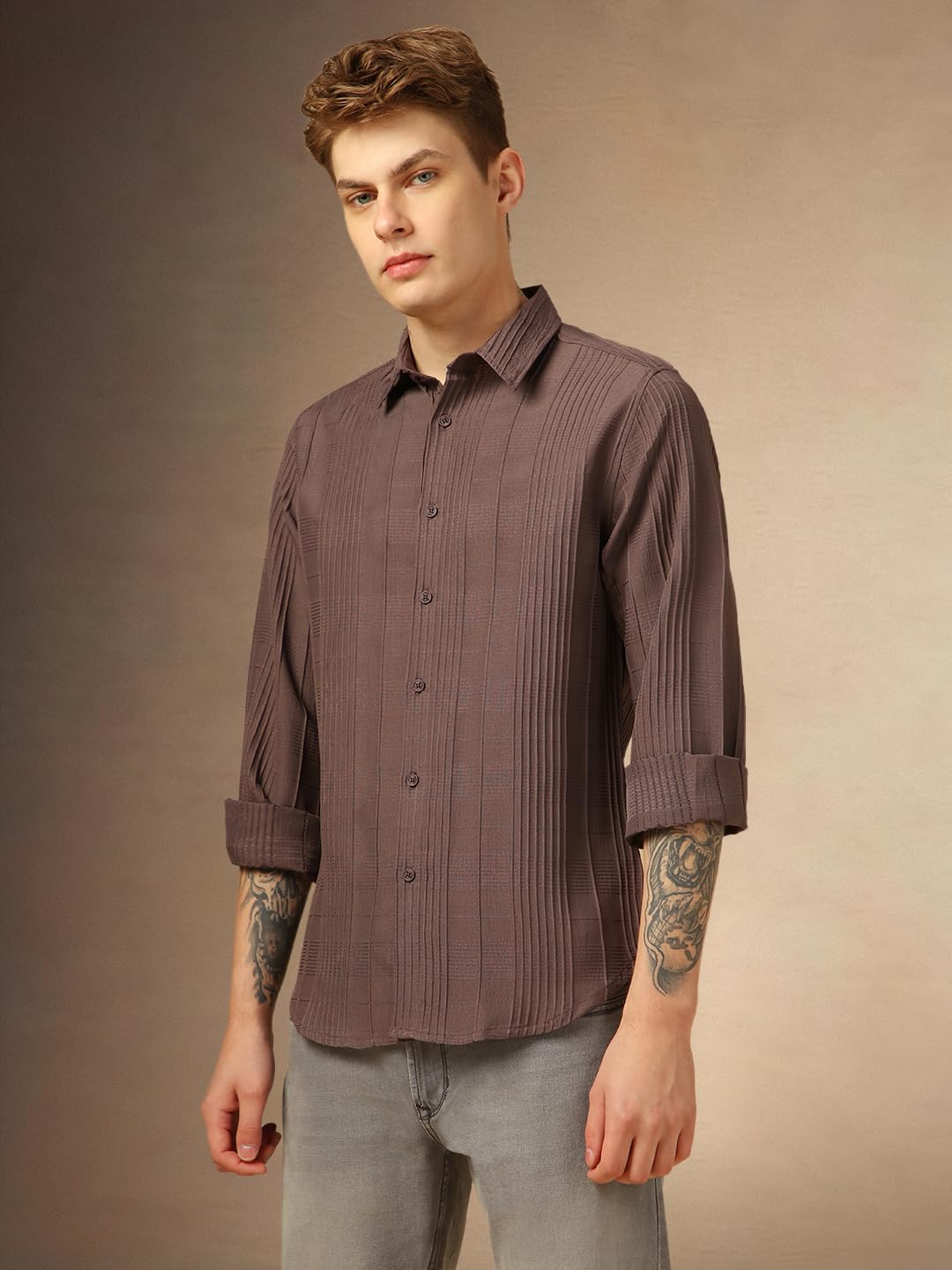 Dennis Lingo Men Relaxed Fit Polyester Full Sleeves Solid Textured Casual Shirts Brown
