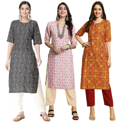 Pinkmint WomenS Crepe Printed Kurta Pant Straight Kurta Set For Women(Pack Of 3)