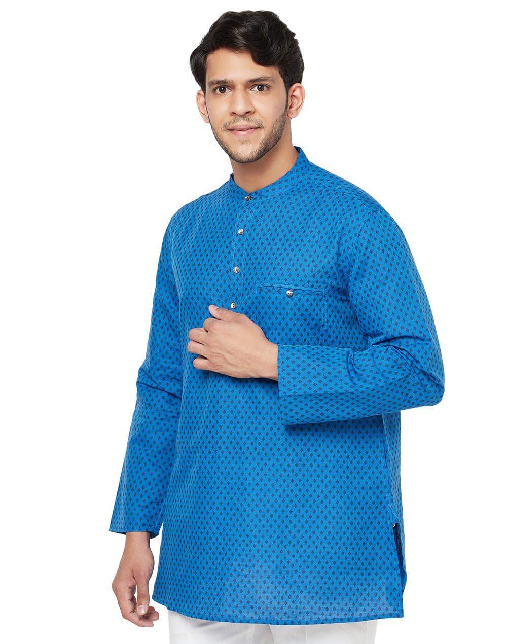 Fabindia MenS Linen Blend Printed Comfort Kurta_Dark Blue_Xs