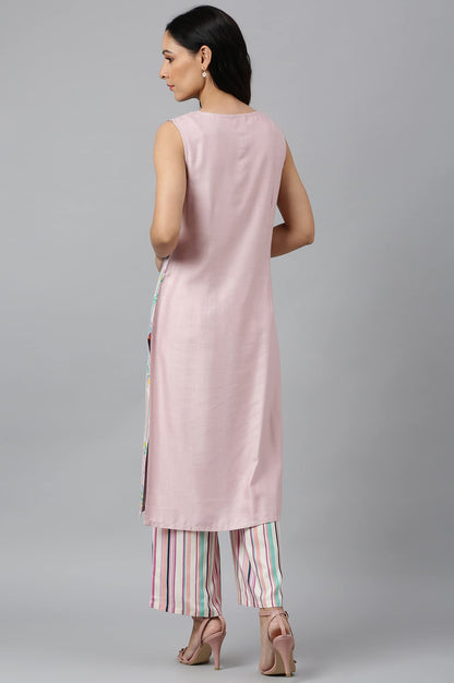 W For Woman Blue Color Block Rayon Blend Regular Kurta