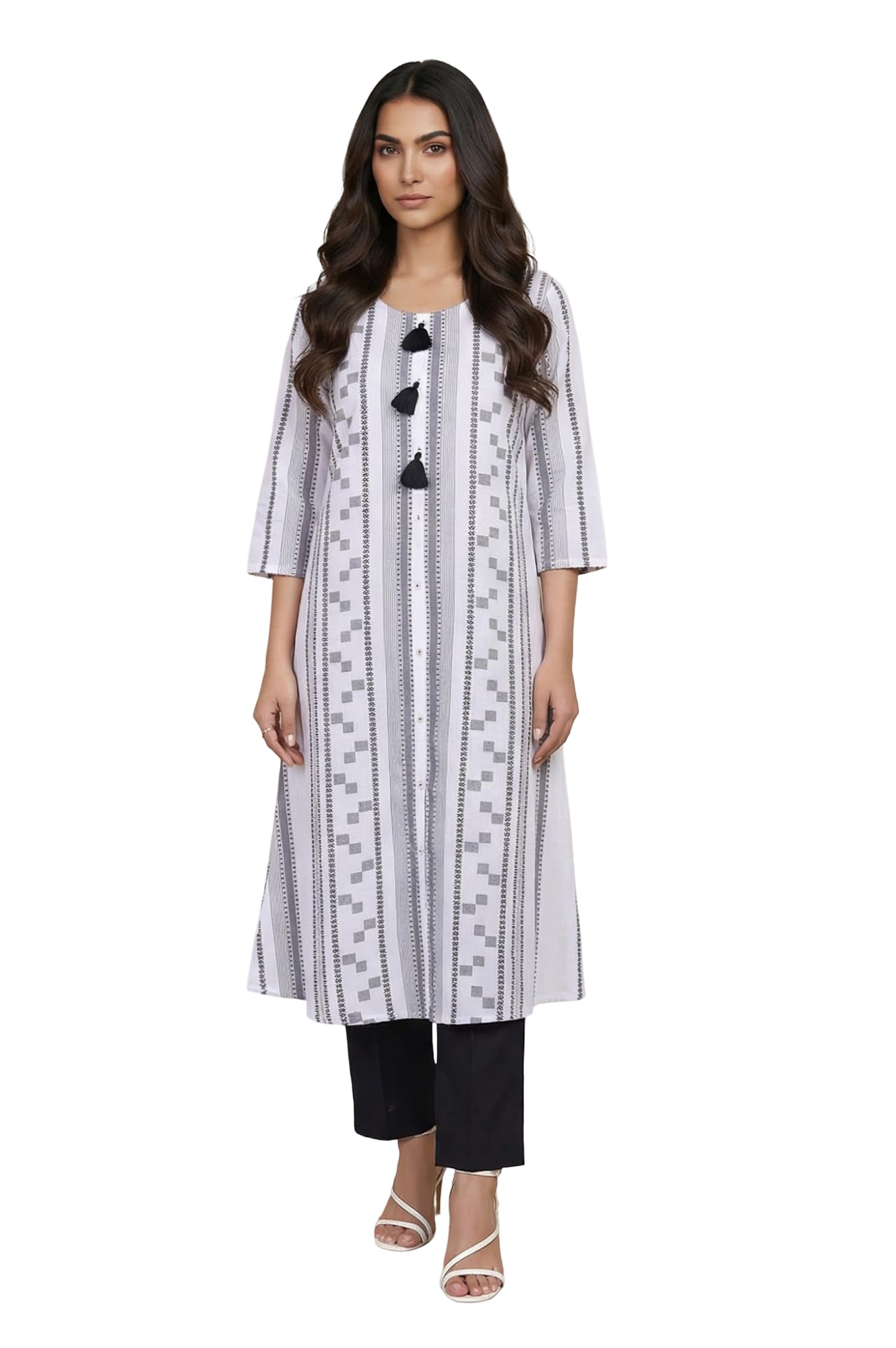 Aurelia Women'S White Geometric Printed Woven Design Tassels Pure Cotton Straight Kurta - (A16341-705926-Xs)