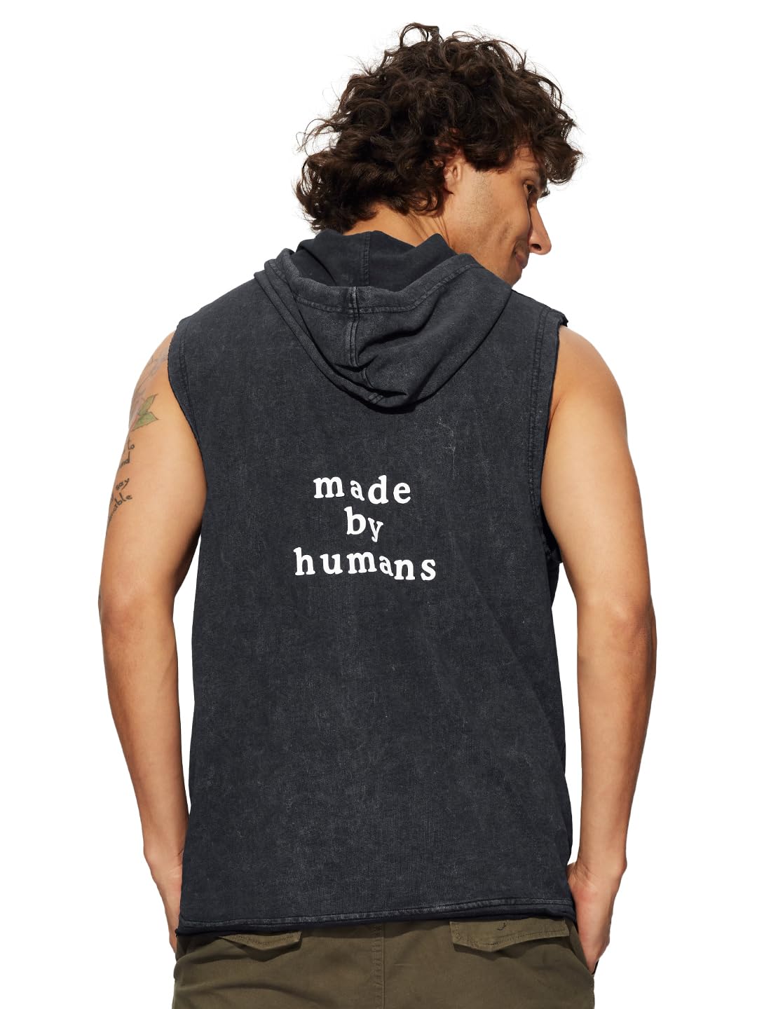 The Souled Store Made by Humans Men and Boys Sleeveless Black Graphic Printed Cotton Hooded T-Shirts