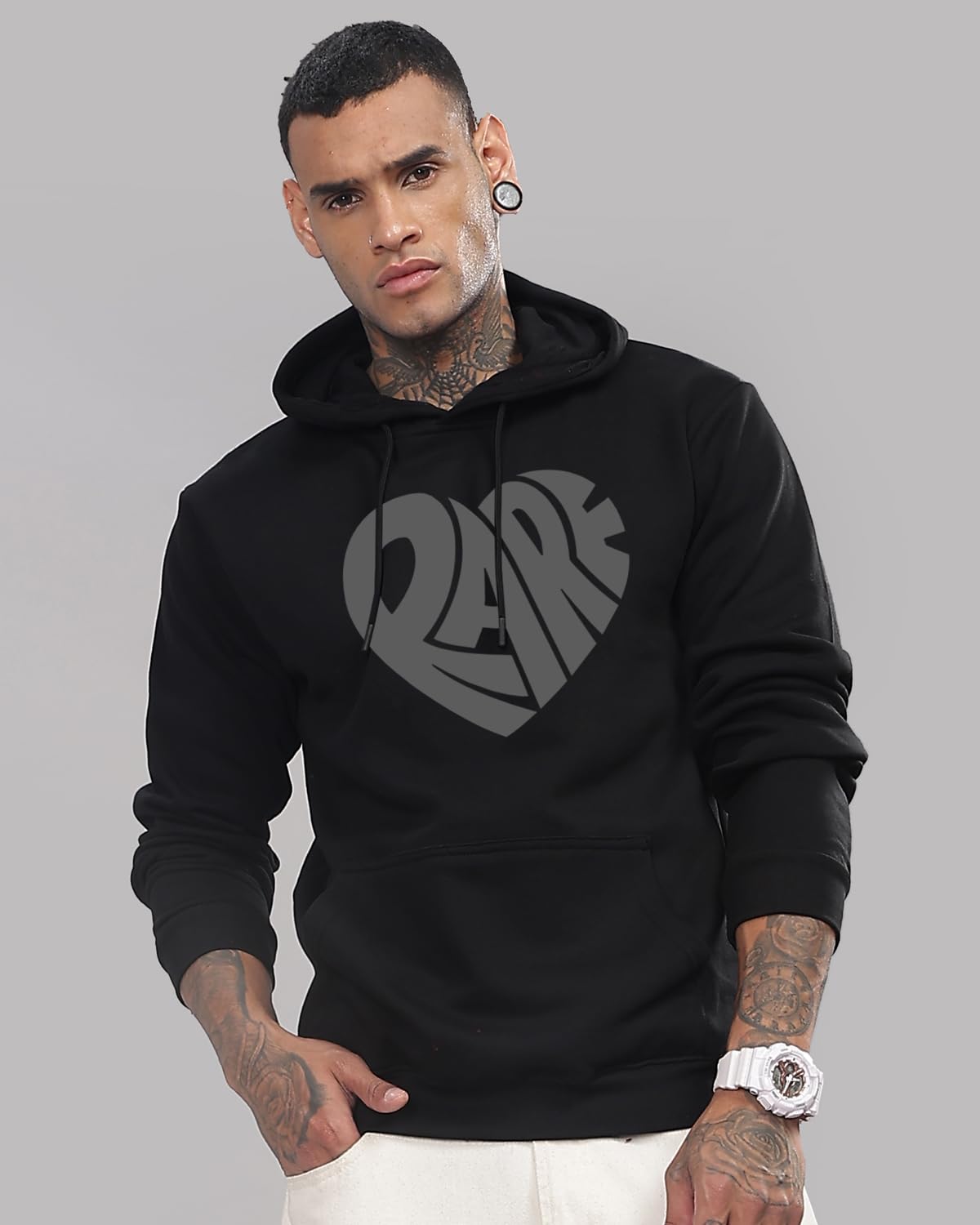 ADRO Men's Cotton Neck Hooded Sweatshirt (H24-RARE-BL_Black