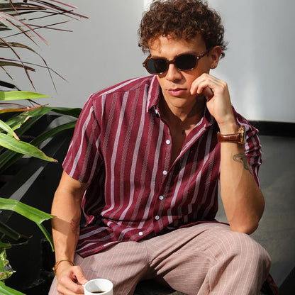 Campus Sutra Mens Maroon Red Pencil Striped Shirt | Casual Wear | Spread Collar | Short Sleeve | Button Closure | Shirt Crafted