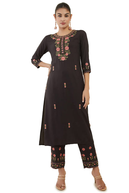 Soch Womens Charcoal Rayon Floral Embroidered Kurta Set