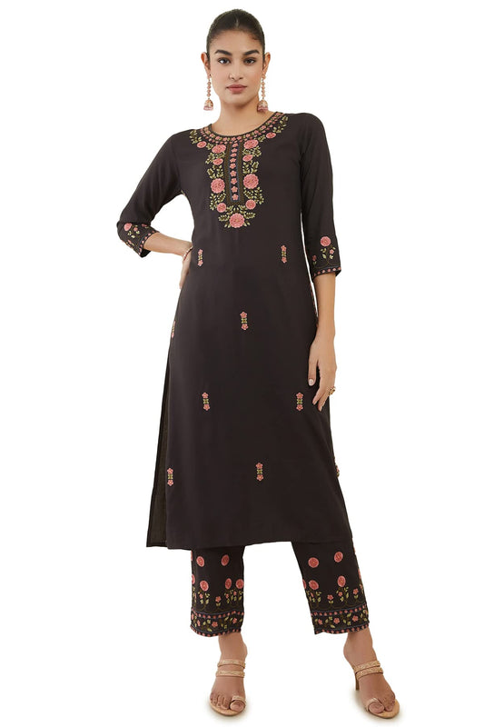 Soch Womens Charcoal Rayon Floral Embroidered Kurta Set