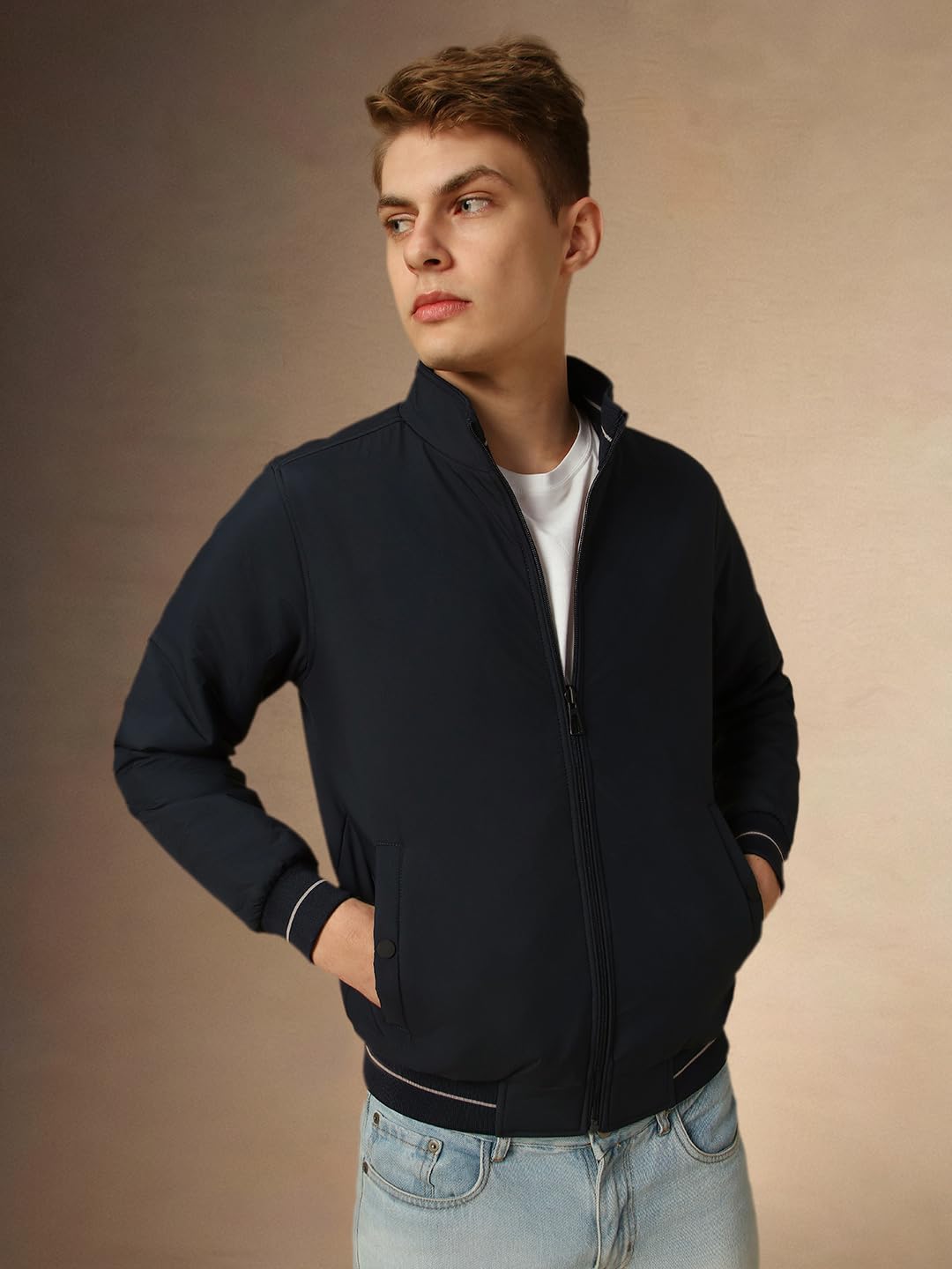 Dennis Lingo Men Navy Blue Solid Regular Fit Full Sleeve Mock Collar Padded Jacket