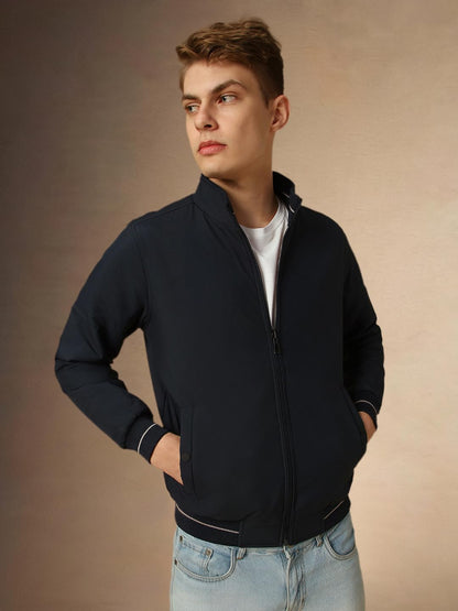 Dennis Lingo Men Navy Blue Solid Regular Fit Full Sleeve Mock Collar Padded Jacket